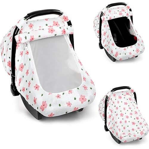 Hooyax Muslin Car Seat Cover Baby - Breathable and Privacy Car Seat Canopy with 3 Modes - Easy Install & Gift Box Packaging, Universal Fit for Infant Car Seats, Pink Flower