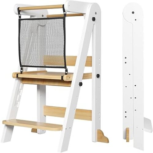 ROOMTEC Foldable Toddler Kitchen Tower, 3 Adjustable Height Wooden Learning Stool, Toddler Standing Tower with Safety Net for Kitchen Bathroom Sink Counter (White)