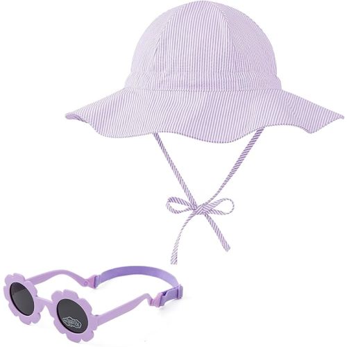 Zando UPF 50+ Wide Brim Baby Sun Hat with Sunglasses 0-12M - Sun Protection Infant Toddler Bucket Hat Adjustable for Outdoor