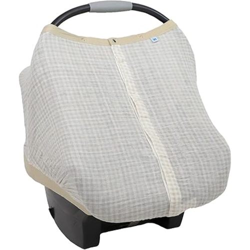 Little Unicorn 100% Cotton Muslin Car Seat Canopy | Super Soft Lightweight Cover with Window | Breathable | Magnetic Closure | Baby and Infant | Machine Washable | Shower Gift (Tan Gingham)
