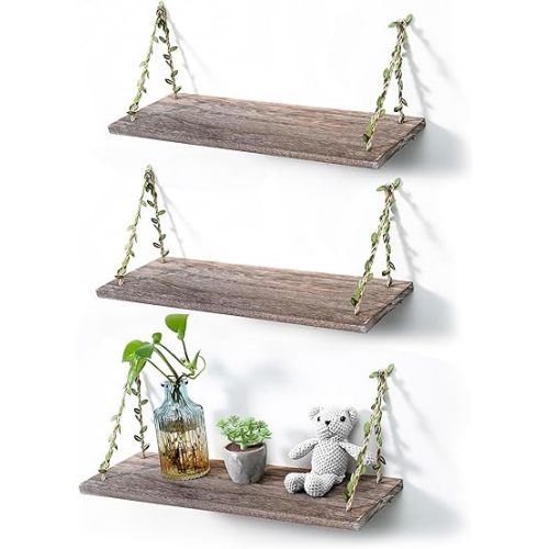 MITIME Leaf Rope Hanging Floating Shelves, Wall Swing Storage Shelf for Home Decor.17, 3-Pack (Retro Color)