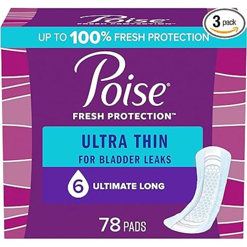 Poise Ultra Thin Incontinence Pads & Postpartum Incontinence Pads, 6 Drop Ultimate Absorbency, Long Length, 78 Count (3 Packs of 26), Packaging May Vary