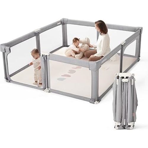 Baby Playpen Portable, Pre-Assembled Play Pen 71x79 Large Foldable Playpen for Babies and Toddlers, Sturdy and Safe Toddler Play Yard Indoor Outdoor with Carry Bag,Grey with White