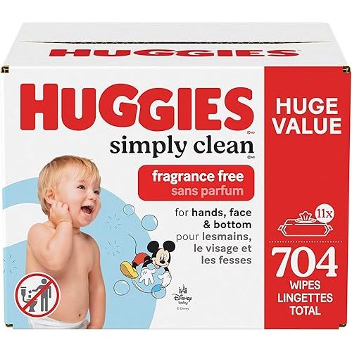 Huggies Simply Clean Unscented Baby Diaper Wipes, 11 Flip-Top Packs (704 Wipes Total), Packaging May Vary