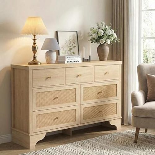 GarveeHome 7 Drawer Dresser for Bedroom, 47.3 in Wide Wood Chest of Drawers with Natural Rattan Drawers, Drawer Organizer with Sturdy Base for Living Room, Entryway and Hallway