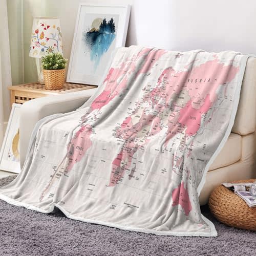 World Map Pink Fleece Throw Blanket for Couch, Sofa, Map of World Vintage Topography Educational College Kids Children Bed Travel Camping Blankets, Geographical Map Throws and Blankets, 50X60in