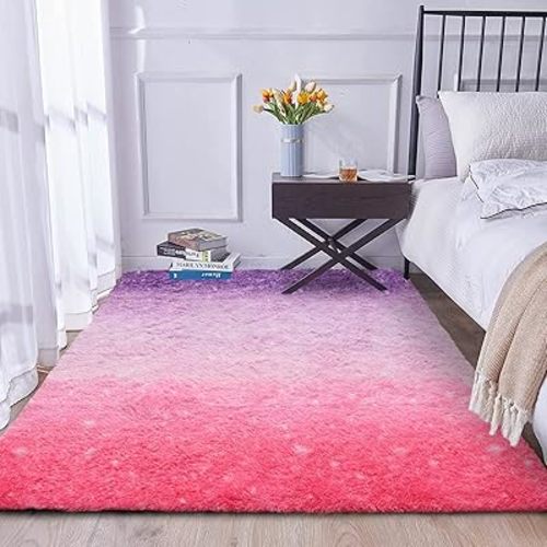 A Nice Night Shaggy Fluffy Faux Fur Area Rug, PinkPurple Tie Dye Star Glitter Printed,Soft, Luxurious Carpet Rugs for Nursery Rug, Bedroom, Living Room,5'x7'