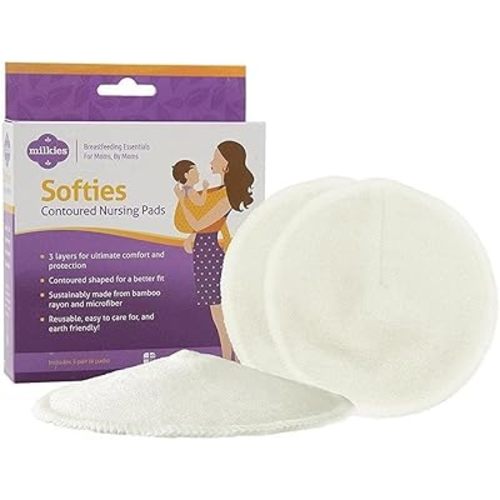 Softies Contoured Reusable Nursing Pads, Absorbent Breast Pads for Breastfeeding Women & Moms, Machine Washable Nipple Pads w/ 3 Layers of Milk Leak Proof Protection, 3 Pairs (6 Pads)