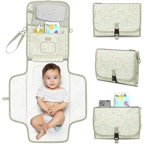 KeaBabies Portable Diaper Changing Pad - Large Waterproof Baby Changing Mat, Compact Travel Diaper Clutch, Functional Pockets Fit Newborn Essentials, Wipeable & Padded Baby Changer (Fox Vale)