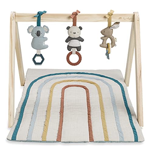 Itzy Ritzy Baby Activity Gym with Quilted Play Mat and 3 Removable Toys - Premium Wooden Baby Gym for Infant Play, Includes Playmat and 3 Coordinating Toys (Rainbow)