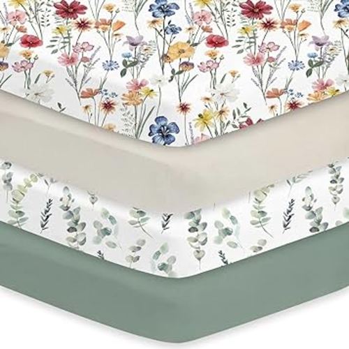 Little Grape Land Crib Sheets 4 Pack, Baby Crib Sheet Set for Standard Crib & Toddler Mattress, Super Soft Breathable Crib Mattress Sheets Fitted Girl & Boy, Spring Flower & Green Leaves