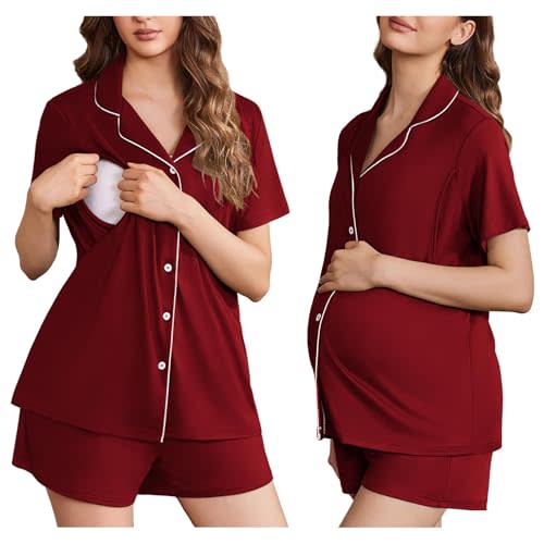 Ekouaer Women's Maternity Nursing Pajama Sets Button Down Postpartum Pajamas Short Sleeve Breastfeeding Clothes