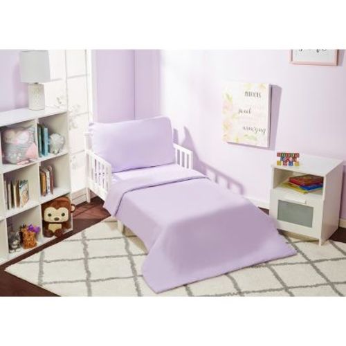 EVERYDAY KIDS 4 Piece Toddler Bedding Set - Includes Comforter, Flat Sheet, Fitted Sheet and Pillowcase - Solid Purple
