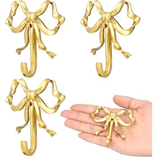 4 Pcs Valentine's Day Wall Decor Gold Bow Knot Hooks Brass Bow Wall Hooks Door Hanger Towel Hooks Brass Coat Hooks Decorative Hooks for Wedding Bathroom Living Room Kitchen Decor (S)