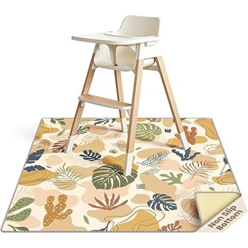 Splat Mat for Under High Chair, 51 x 51 Inch Baby Waterproof Mat, Anti-Slip Washable High Chair Mat for Floor or Table, Boho Monstera (Light Brown)