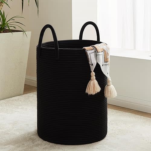 Cotton Rope Laundry Hamper by YOUDENOVA, 72L - Woven Collapsible Laundry Basket - Clothes Storage Basket for Blankets, Laundry Room Organizing, Bedroom Storage, Clothes Hamper – Black