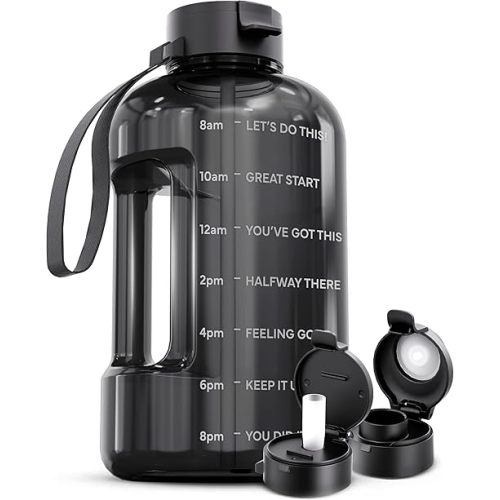 AQUAFIT 1 Gallon Water Bottle With Times To Drink - 128 oz Water Bottle With Straw - Motivational - Large - Sports Bottle With Time Marker - Gym Jug