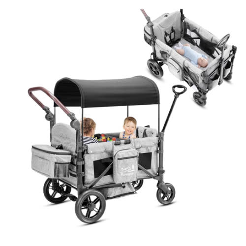 Wagon Stroller for 2 Kids,Premium Wagon for Kids with Removable Canopy, Snack Tray, Convertible Baby Bassinet, 5-Point Safety Harness, All-Terrain PU Wheels & Adjustable Push/Pull Handle,Grey