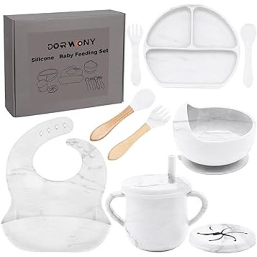 9pc BPA Free Silicone Baby Feeding Set - White: Suction Bowl, Divided Plate, Sippy Cup, Bib, Spoons, Forks - Baby Eating Utensils