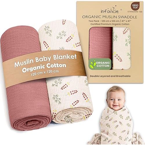 Organic Cotton Muslin Baby Blanket - 47x47 Inch Breathable Swaddle, Hypoallergenic Double-Layer, Versatile Use (Pink Floral, 47x47 Inch)