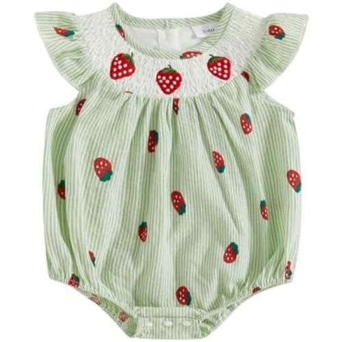 Baby Girl Summer Outfits Fruit Embroidery Bubble Romper Ruffle Sleeve Strawberry Bodysuit Infant Smocked Clothes