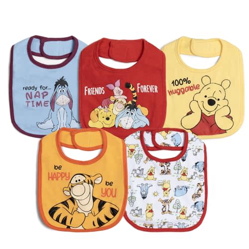 Disney Winnie the Pooh Mickey Mouse Lilo & Stitch 101 Dalmatians Lion King Baby 5 Pack Bibs Newborn Sizes (OS)