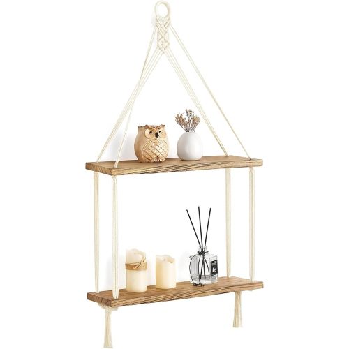 Mkono Macrame Hanging Shelf Boho Wall Decor 2 Tier Handmade Cotton Rope Rustic Wood Floating Shelves Display Photos Plants Hanging Storage Shelving for Living Room Nursery Bathroom Bedroom
