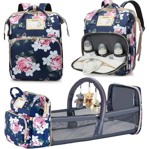 Diaper Bag Backpack with Changing Station, Foldable for Bady Toddler, 3 in 1 Large Capacity Newborn Essentials Organizer with Stroller Hook for Girls and Boys(Blue)