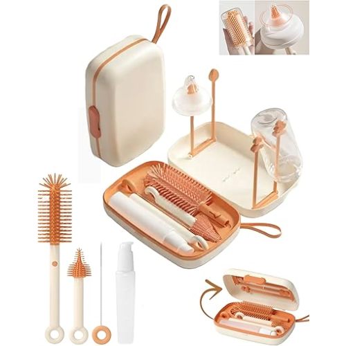 Travel Bottle Cleaner kit, 7in1 Baby Travel Essential Silicone Travel Bottle Brush Set, Nipple, Drying Rack, Straw, & Breast Pump Cleaning, Soap Dispenser & Organizer Case, Gift for Mom (White)