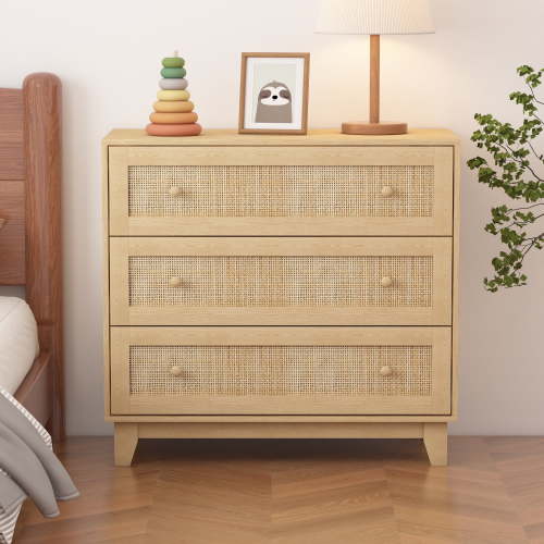 FANRAL 3 Drawer Dresser for Bedroom,Boho Small Natural Rattan Closet Dressers Chest of Drawers,Modern Wood Clothes Storage Organizer with Wooden Feet and Handles for Hallway,Living Room,Entryway