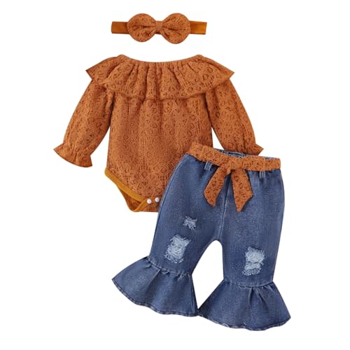 FOCUTEBB Baby Girl Clothes Lace Off Shoulder Romper Flare Jeans Pants Headband and Belt 4pcs Outfit 3-24 Months