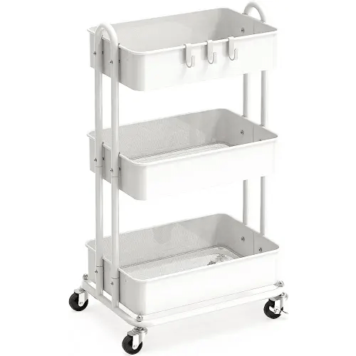 SimpleHouseware Heavy Duty 3-Tier Metal Utility Rolling Cart, White