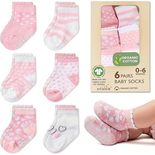 infancie Organic Cotton GOTS Certified Baby Socks 6 Pairs for Newborn Girls 0-6 Months, Soft Breathable Infant Socks, Cute Little Girls Socks, Baby Registry Essential