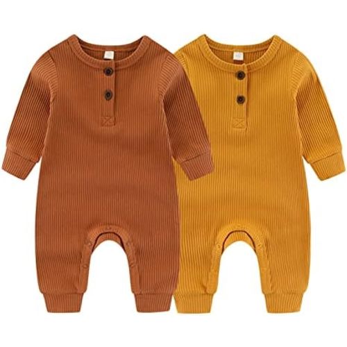 ZAV Solid Unisex Baby Boy Girl Rompers 2 Pack Long Sleeve Jumpsuits Infants Clothes Outfits