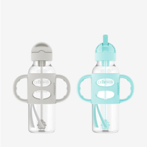 Dr. Brown's Milestones Narrow Sippy Straw Bottle, Spill-Proof with 100% Silicone Handles and Weighted Straw, 8 oz/250 mL, Gray & Green, 6m+