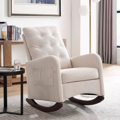 Upholstered Rocking Chair With Padded Seat And Solid Wood Base,Comfortable Linen Rocker Office Rocking Armchair,Living Room Chair-Cuddlewood