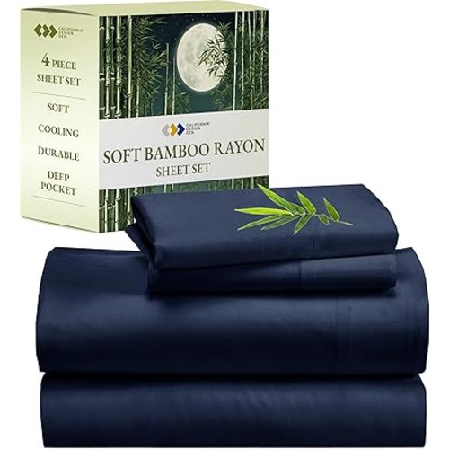 California Design Den Rayon from Bamboo Sheets Cal King, Luxury Cooling Sheets, Blue Sheets for California King Size Bed with Deep Pocket Fitted Sheet (Cal King, Navy Blue)