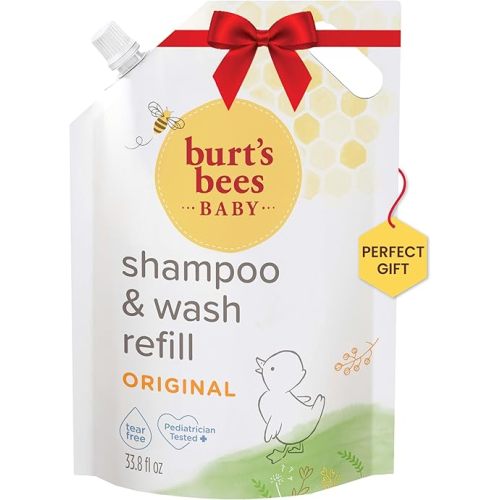 Burt’s Bees Christmas Gifts, Baby Shampoo and Baby Wash Refill, Original, Plant-Based Formula, Tear-Free, Pediatrician-Tested, Natural Origin, Gently Cleans Sensitive Skin and Hair, 33.8 Fl Oz