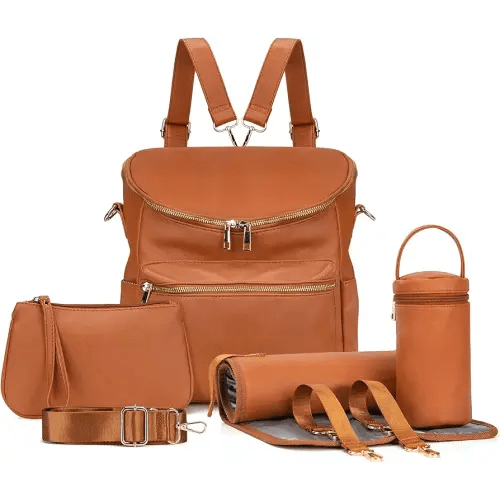 Minsong Diaper Bag Backpack,Fashion Leather Mommy Backpacks,Travel Toddler Baby Diaper Bags with in Bag Organizer and Changing Pad (Brown)