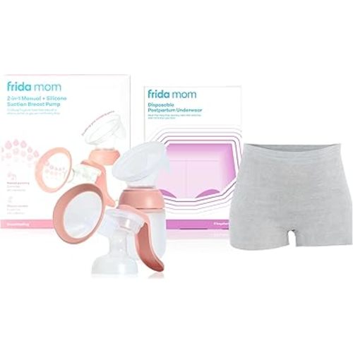 Frida Mom Postpartum Disposable Boyshort Underwear and 2-in-1 Manual Breast Pump Bundle, Hands-Free Silicone Suction Cup Milk Collector and SoftFeel Flange for Breastfeeding, 8 Size Regular Underwear