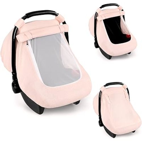Hooyax Muslin Car Seat Cover Baby - Breathable and Privacy Car Seat Canopy with 3 Modes - Easy Install & Gift Box Packaging, Universal Fit for Infant Car Seats, Pink