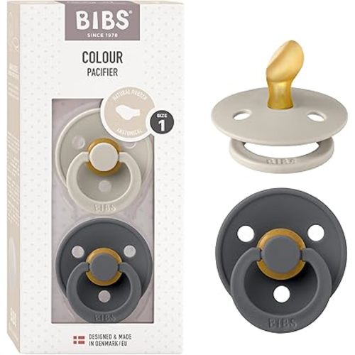 BIBS Pacifiers - Set of 2 | Colour Pacifier with Anatomical Nipple | BPA-Free Natural Rubber | Made in Denmark | Sand/Iron | Size 0-6 Months
