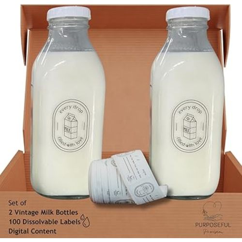 Breast Milk Pitcher Set - Breast milk Storage Containers for Fridge w/labels - Breastmilk Pitcher bottles - Vintage 32 oz Breastmilk Jug - Glass Pitcher for Breastmilk-Dishwasher Safe Formula Pitcher