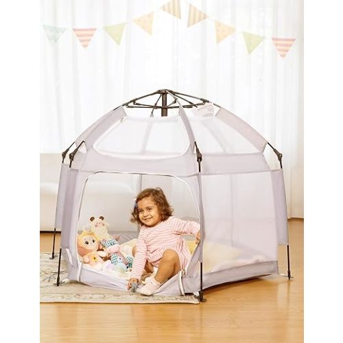 Babelio Pop up Baby Tent, Travel Playpen for Babies, Indoor and Outdoor, Portable/Foldable Play Yard W/Canopy, Travel/Nap, Sun Protection, One-Touch Storage- Light Grey