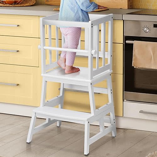 COSYLAND Kids Kitchen Step Stool Helper with Gloves Removable Anti-Drop Railing Safety Rail, Non-Slip Mat Standing Tower Stepping Stool for Toddlers Bathroom Sink Counter Learning White