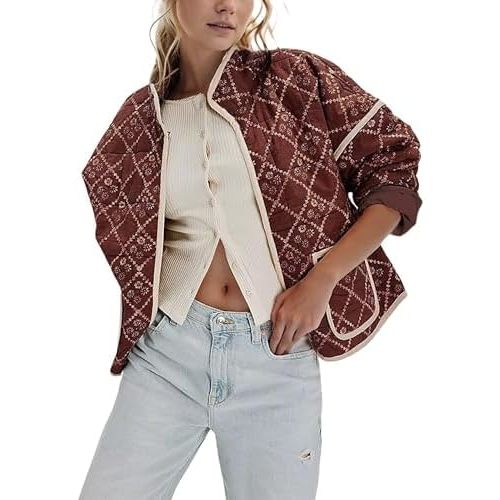 Omoone Women's Cropped Quilted Jacket Floral Printed LightWeight Padded Puffer Cardigan Coat Outwear