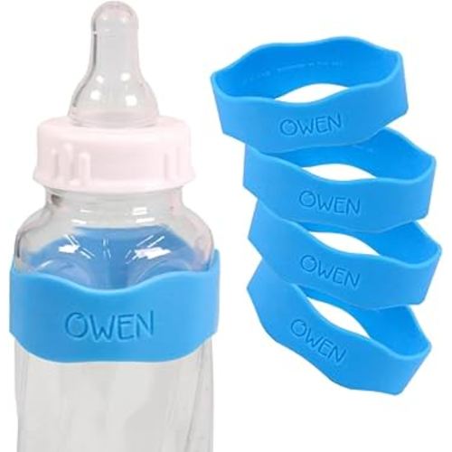 InchBug Orbit Labels - Baby Bottle Name Labels for Daycare, Sippy Cup Bands - Engraved Silicone, Reusable, Dishwasher Safe, Matching Color Personalization, 4-Pack (Deep Sky Blue)