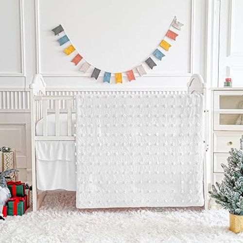 White Crib Bedding Set Tufted Dots Jacquard Baby Comforter with Fitted Sheet and Bed Skirt - Cute Embroidery Boho Shabby Chic Soft Blanket Pom Pom Tufts 3pc Crib Bed Set