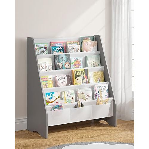 SEIRIONE Sturdy Kids Bookshelf, Book Shelf for Kids Room with Tear-Proof Oxford Sling, Eco-Safe Toddler Bookshelf, Childrens Bookshelf with Ideal Height for Quick Book Access, Grey/Wood Texture