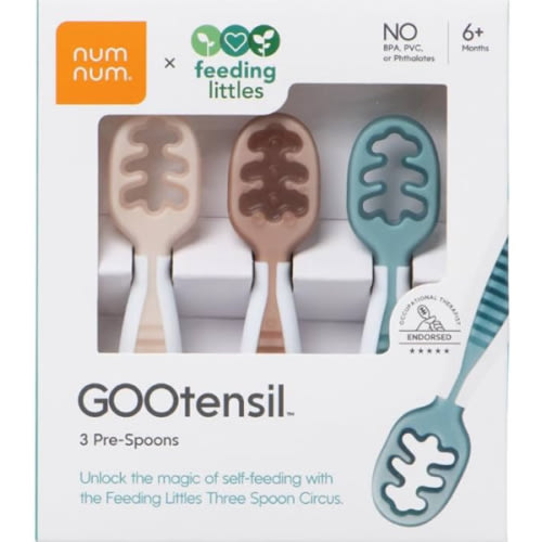 NumNum Baby Spoons Set, Feeding Littles x Silicone Pre-Spoon GOOtensils for Baby Led Weaning, Self-Feeding & Teething, First Stage Toddler Utensils for Ages 6+ Months, 3-Pack, BPA-Free (Neutrals)